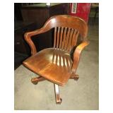 ANTIQUE OAK BARREL BACK ROLLING OFFICE CHAIR