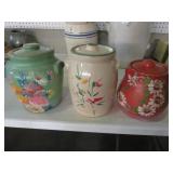 (3) PAINTED COOKIE JAR CROCKS W/LIDS