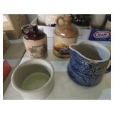 CROCKS: PAINTED JUGS, BLUE PITCHER & BUTTER CROCK