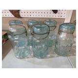 6 ATLAS QUART BLUE JARS W/ GLASS LIDS