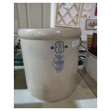#8 WHITE HALL CROCK W/WOOD HANDLES NO CRACKS