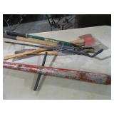 AXE, PRY BAR, 2 TRIMMERS & POST HOLE DRIVER
