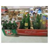 VINTAGE COCA COLA WOOD CRATE & 7 UP CARRIER W BTLS