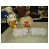 COLLECTION OF VASES AND FIRE KING SERVING PANS