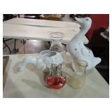 2 GEESE PLANTERS, OIL LAMP, & VINTAGE MILK BOTTLE