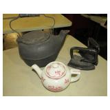 VINTAGE PORCELAIN TEAPOT, #8 CAST IRON POT &2 IRON