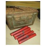 MILITARY AMMO BOX & COLLECTION OF ROAD FLARES