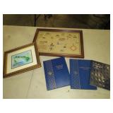 FRAMED NEEDLE POINT, 1 PICTURE & 3 COL COIN BOOKS