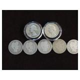 (5) BARBER (2) WASH. QTRS. 90% VARIOUS DATES & MM