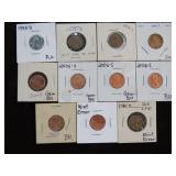 11 CARDED LINCOLN CENTS VARIOUS DATES, MM & ERRORS