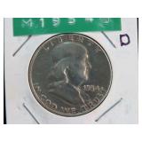 1954 D FRANKLIN HALF DOLLAR 90% XF