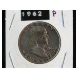 1962 P FRANKLIN HALF DOLLAR 90% AU TONED