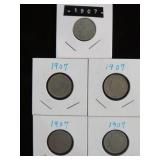 (5) 1907 LIBERTY V NICKELS