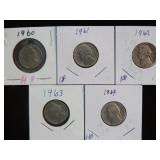 (5) JEFFERSON NICKELS VARIOUS DATES & MM