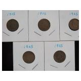 (5) 1905 INDIAN HEAD PENNIES