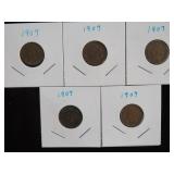 (5) 1907 INDIAN HEAD PENNIES