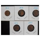 1910, 16, 18, 19, 19 WHEAT PENNIES