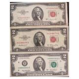 (2) 1953 RED SEAL (1) 2003 GREEN SEAL $2 NOTES