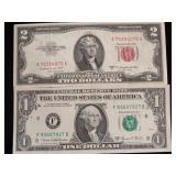 1953 $2 RED SEAL NOTE & 1969 $1 BILL