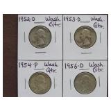 1952 D, 53 D, 54 P, 56 D WASHINGTON QTRS. 90%