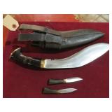 17"L KUKRI W/TWO SMALLER KNIVES IN SHEATHS
