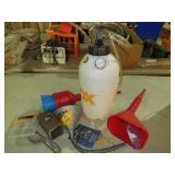 BUCKET OF FUNNELS, SPRAYER & MISC TOOLS