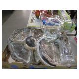 COLLECTION OF SERVING TRAYS, GLASS BOWLS & VASE