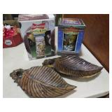 PAIR OF BUDWISER STEINS & 2 WOOD LEAF TRAYS