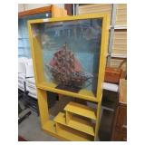 LARGE LIGHTED SHADOW BOX SHELF W/ MODEL SHIP