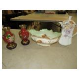 HAND PAINTED BOWL, VASES & TEA POT