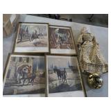 ANTIQUE PORCELAIN DOLL, FRAMED MILITARY PRINT MISC