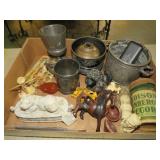 WOOD CARVINGS, FIGURINES, PEWTER CUPS & MISC