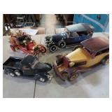 (4) DIECAST METAL TOURING, FIRE ENGINE & WOOD CAR