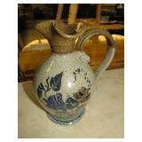 POTTERY PITCHER W/ FLOWER DESIGN, MADE BY ART