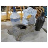 COLLECTION OF POTTERY, CERAMIC CLOCK CASE & MISC