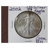 2002 1 OZ .999 SILVER EAGLE 90% GEM BU
