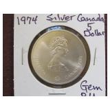 1974 1.08 OZ .925 SILVER CANADA 5 DOLLAR RD GEM BU