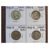 1940 P, 41 D, 42 D, 43 D WASHINGTON QUARTERS 90%