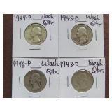 1944 P, 45 P, 46 P, 48 D WASHINGTON QUARTERS 90%