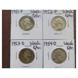 1951 P, 52 P, 53 D, 54 D WASHINGTON QUARTERS 90%