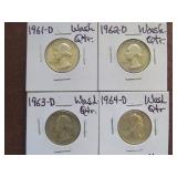 1961 D, 62 D, 63 D, 64 D WASHINGTON QUARTERS 90%