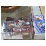 BOX OF BASEBALL CARDS & BOB GIBSON FIGURE