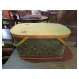 VINTAGE WOOD & WOVEN PICNIC BASKET W/CONTENTS
