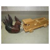 WOOD FIRE TRUCK HANDMADE & WOOD CARVED ROOSTER