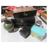 JEWELRY BOXES, SCOBY DOO TIN, VASE, VINTAGE CAMERA