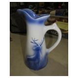IRONSTONE BLUE DECORATED DEER PITCHER W/HDL