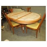 OAK TILE TOP PEDESTAL TABLE W/ 4 PADDED CHAIRS