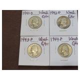 1941 D, 42 P, 43 P, 44 P WASHINGTON QUARTERS 90%