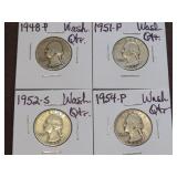 1948 P, 51 P, 52 S, 54 P WASHINGTON QUARTERS 90%