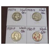 1957 D, 58 D, 59 P, 60 P WASHINGTON QUARTERS 90%